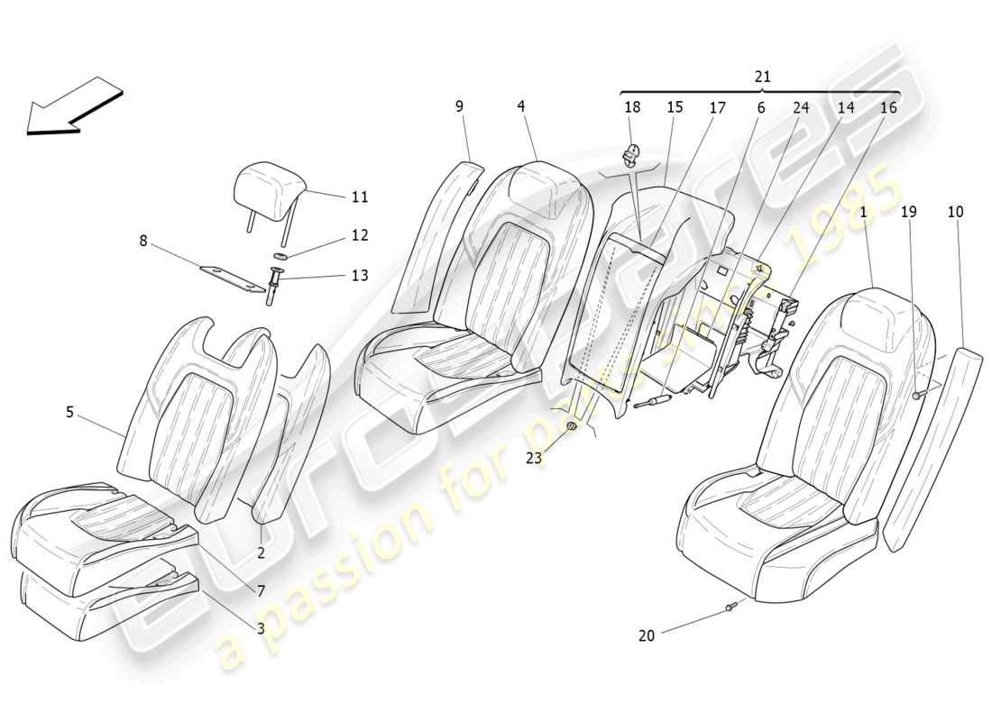 maserati quattroporte (2018) asientos traseros: diagrama de piezas de los paneles decorativos
