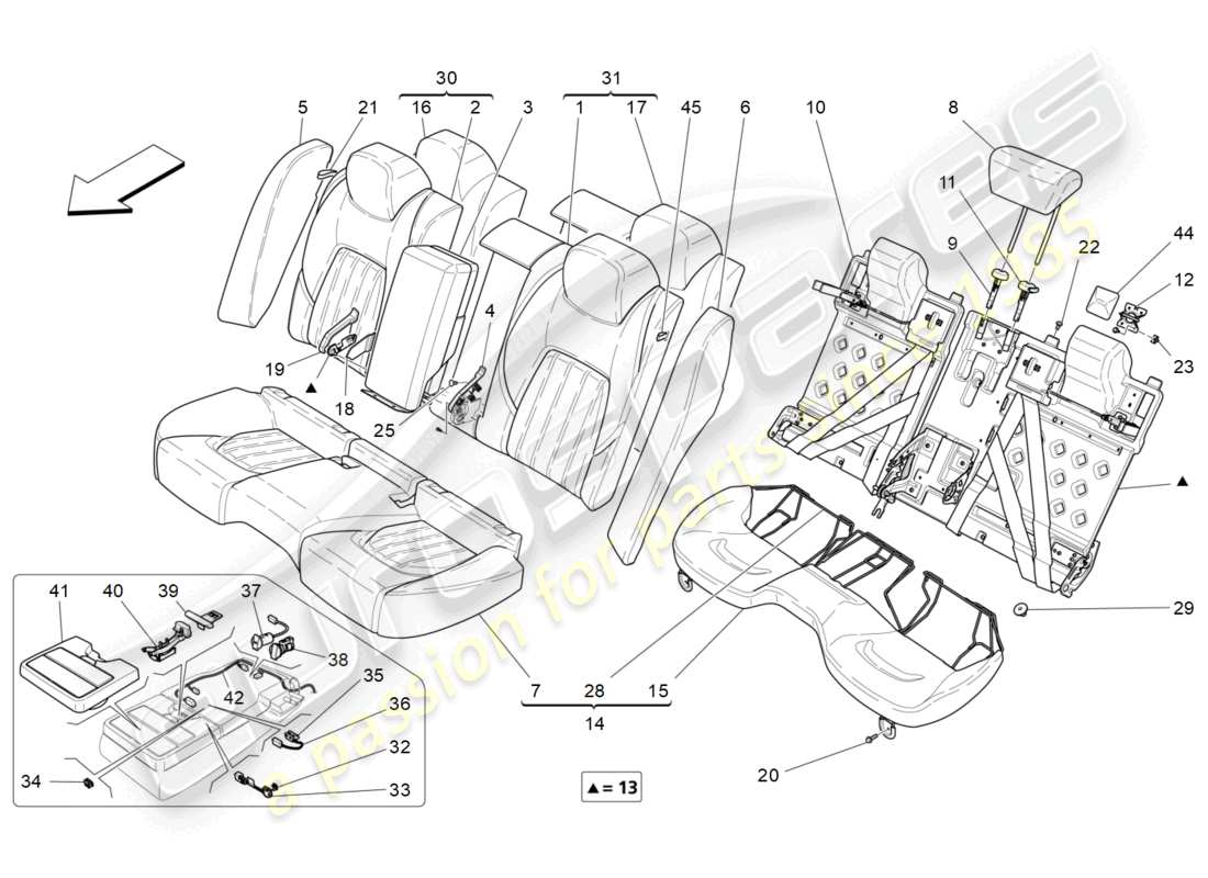 maserati quattroporte (2018) asientos traseros: diagrama de piezas de los paneles decorativos