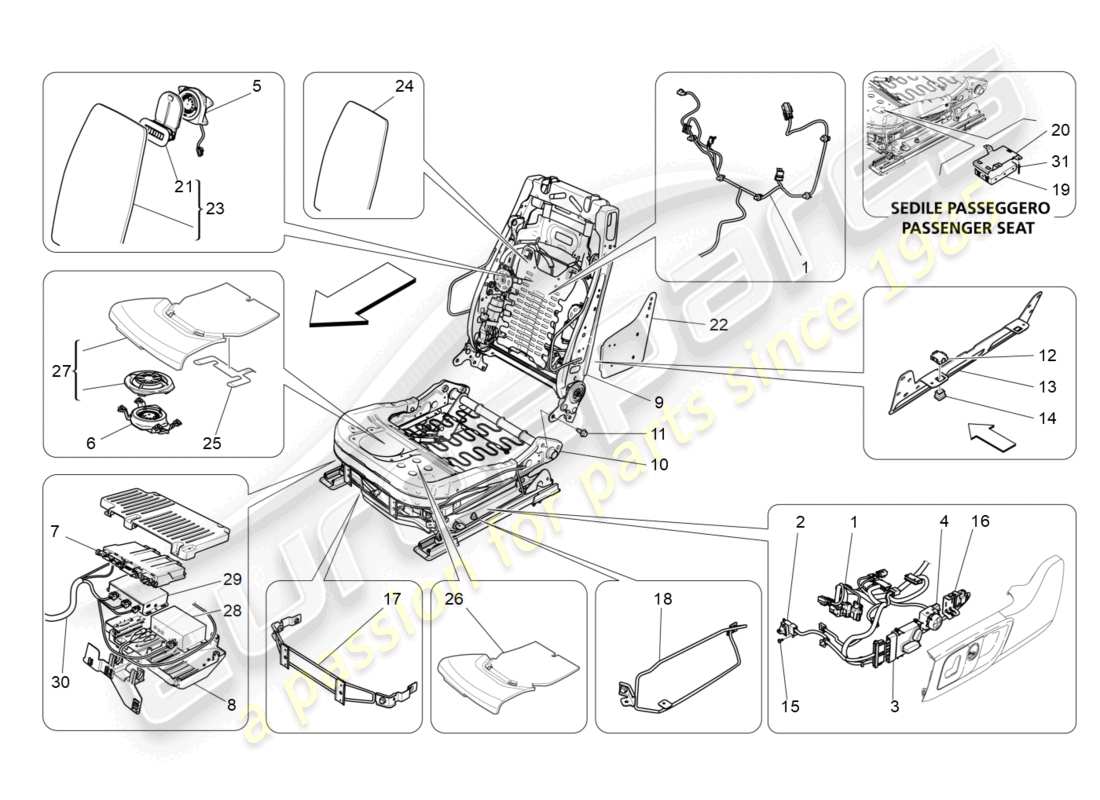 maserati quattroporte (2018) asientos delanteros: diagrama de piezas de mecánica y electrónica