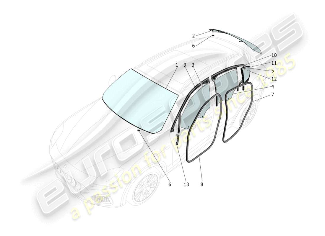 maserati grecale trofeo (2023) diagrama de piezas de ventanas y listones de ventanas
