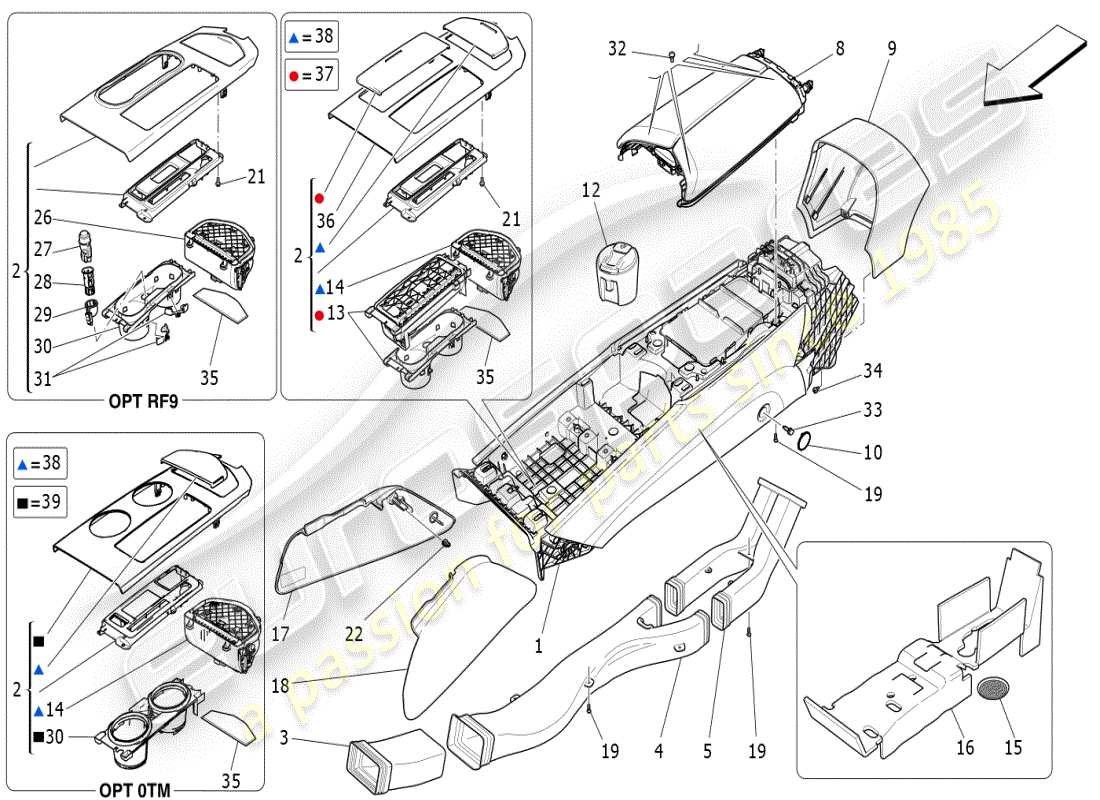 maserati ghibli (2021) diagrama de piezas de la consola de accesorios y la consola central