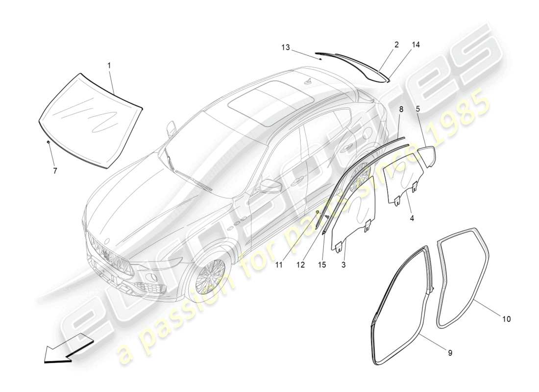 maserati levante (2020) ventanas y bandas de ventanas diagrama de piezas