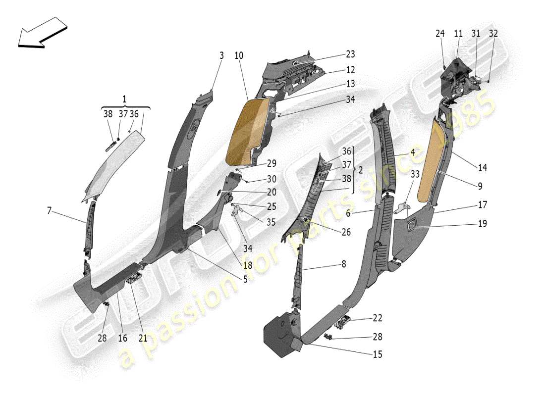 maserati grecale modena (2023) diagrama de piezas de paneles laterales y embellecedores del pilar b del compartimento de pasajeros