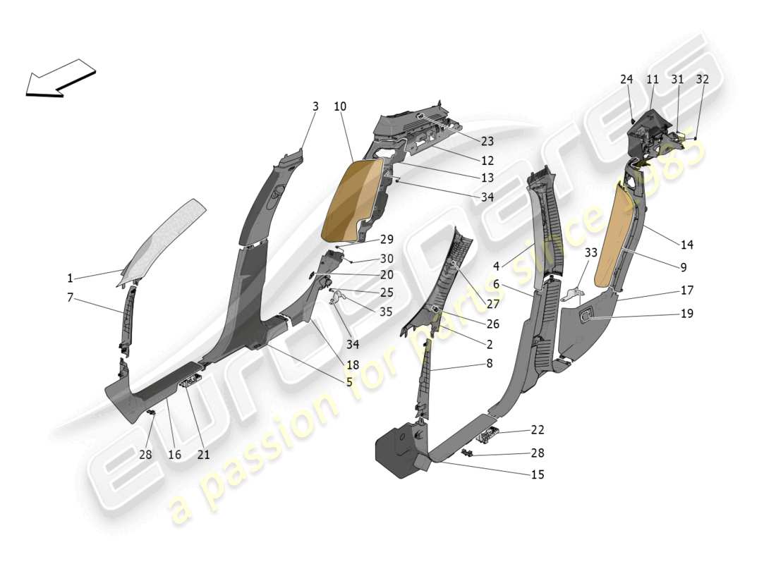 maserati grecale trofeo (2023) diagrama de piezas de paneles laterales y embellecedores del pilar b del compartimento de pasajeros