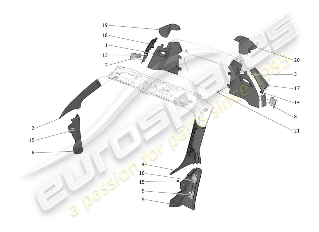 maserati mc20 cielo (2023) diagrama de piezas de paneles laterales y embellecedores del pilar b del compartimento de pasajeros
