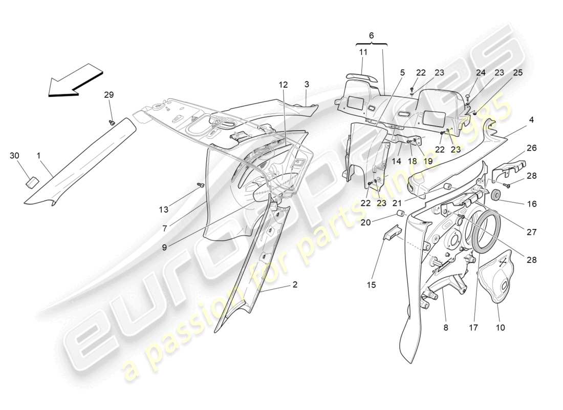 maserati grancabrio mc (2013) diagrama de piezas de paneles laterales y embellecedores del pilar b del compartimento de pasajeros