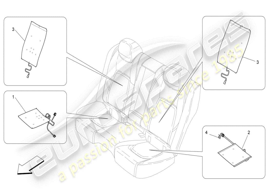 maserati ghibli (2021) asientos traseros: diagrama de piezas de mecánica y electrónica