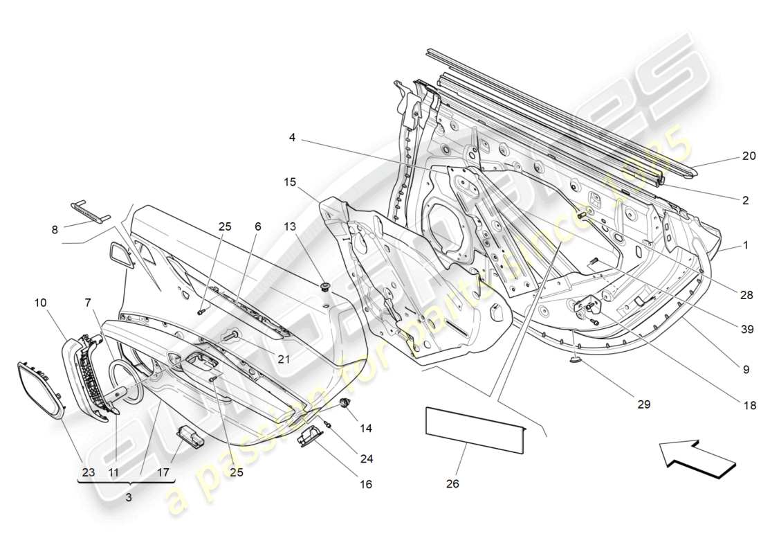 maserati ghibli (2014) puertas traseras: diagrama de piezas de los paneles embellecedores