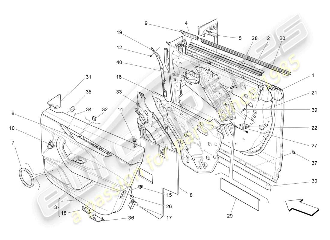 maserati levante trofeo (2020) puertas delanteras: diagrama de piezas de los paneles embellecedores