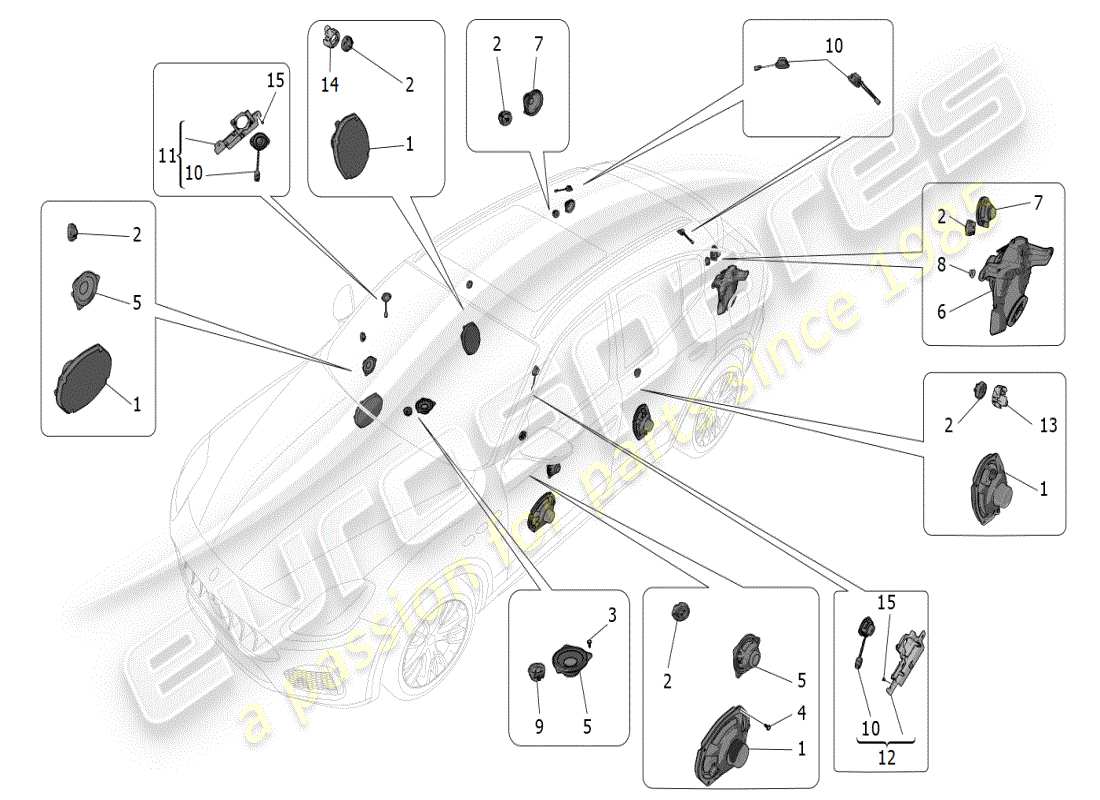 maserati grecale modena (2023) diagrama de piezas del sistema de difusión de sonido