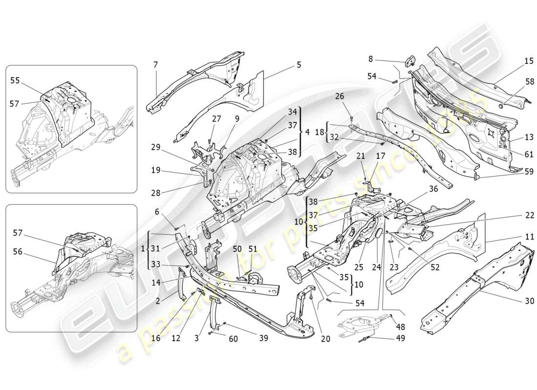 maserati quattroporte (2018) diagrama de piezas de marcos estructurales frontales y paneles laminares