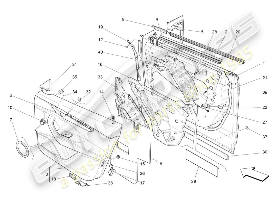 maserati levante (2020) puertas delanteras: paneles de acabado diagrama de piezas