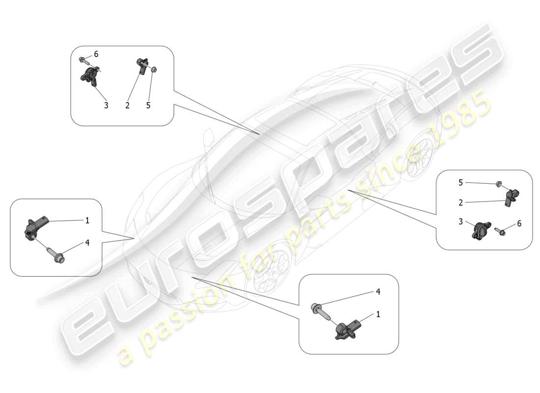 maserati mc20 cielo (2023) diagrama de piezas de los sensores de colisión