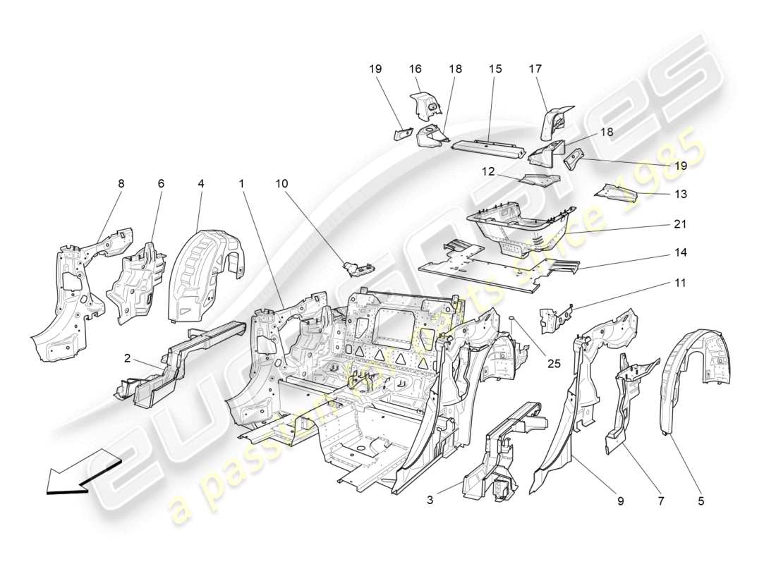 maserati grancabrio mc (2013) diagrama de piezas de marcos estructurales traseros y paneles de chapa