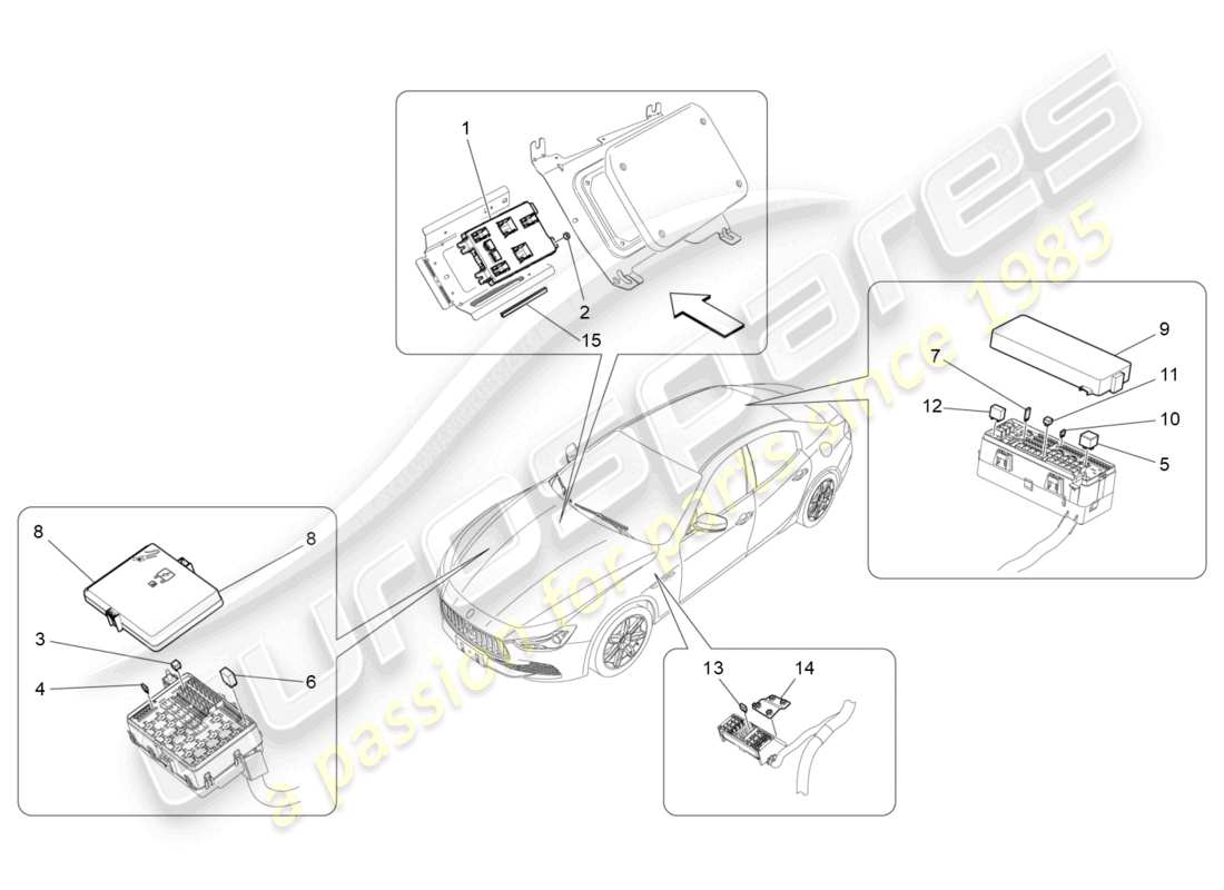 maserati ghibli (2014) diagrama de piezas de relés, fusibles y cajas