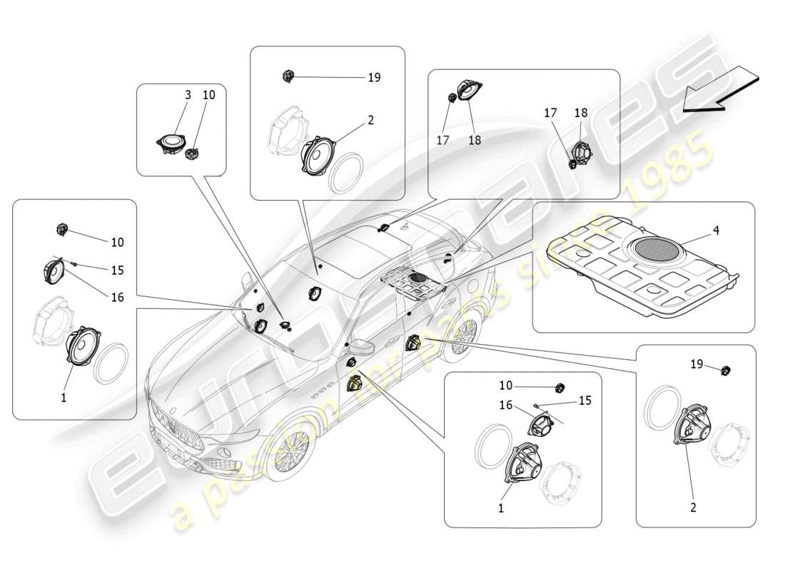 maserati levante tributo (2021) diagrama de piezas del sistema de difusión de sonido