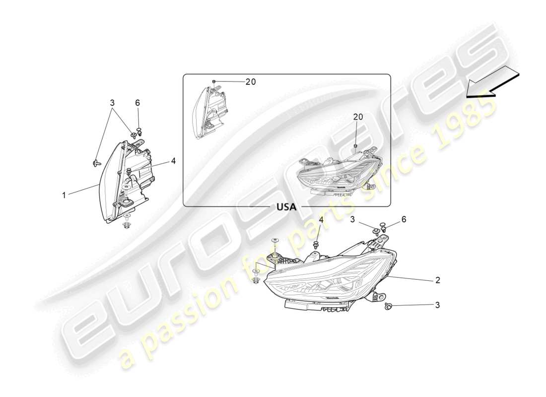 maserati ghibli fragment (2022) diagrama de piezas de los grupos de faros