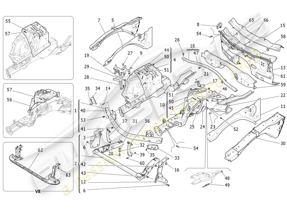 maserati ghibli fragment (2022) diagrama de piezas de marcos estructurales frontales y paneles laminares