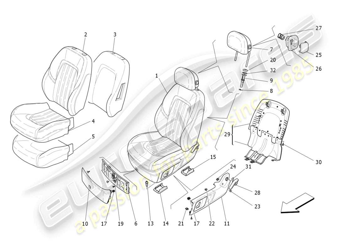 maserati levante trofeo (2020) asientos delanteros: diagrama de piezas de los paneles tapizados