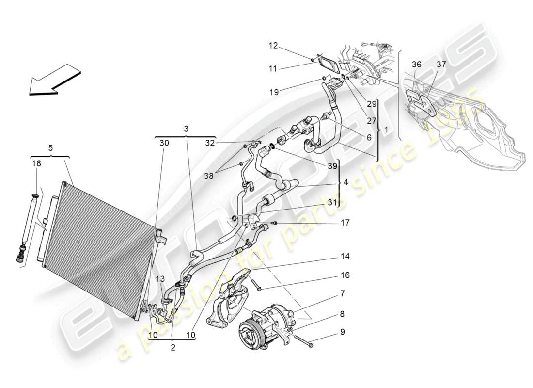 maserati levante (2019) unidad de a/c: dispositivos del compartimiento del motor diagrama de piezas