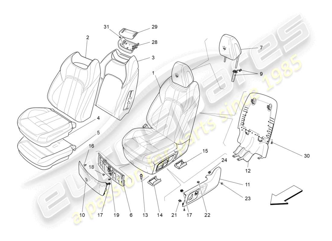 maserati levante tributo (2021) asientos delanteros: diagrama de piezas de los paneles tapizados