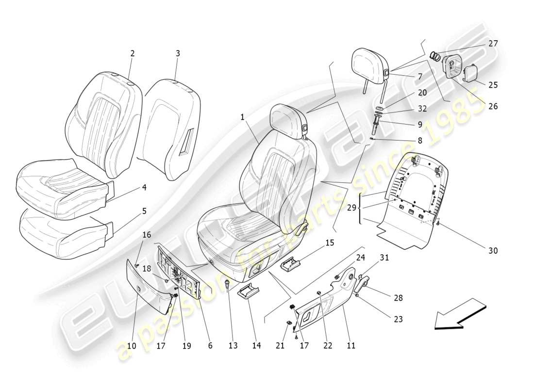 maserati ghibli fragment (2022) asientos delanteros: diagrama de piezas de los paneles tapizados