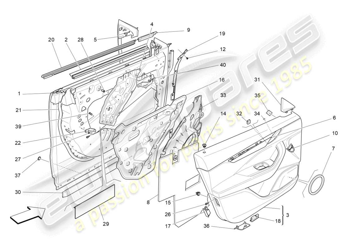 maserati levante modena (2022) puertas delanteras: diagrama de piezas de los paneles embellecedores