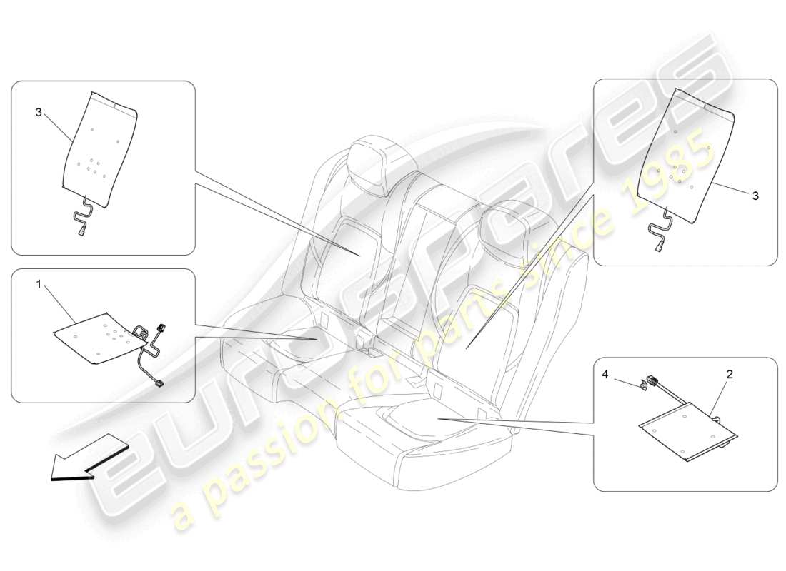 maserati ghibli (2014) asientos traseros: diagrama de piezas de mecánica y electrónica