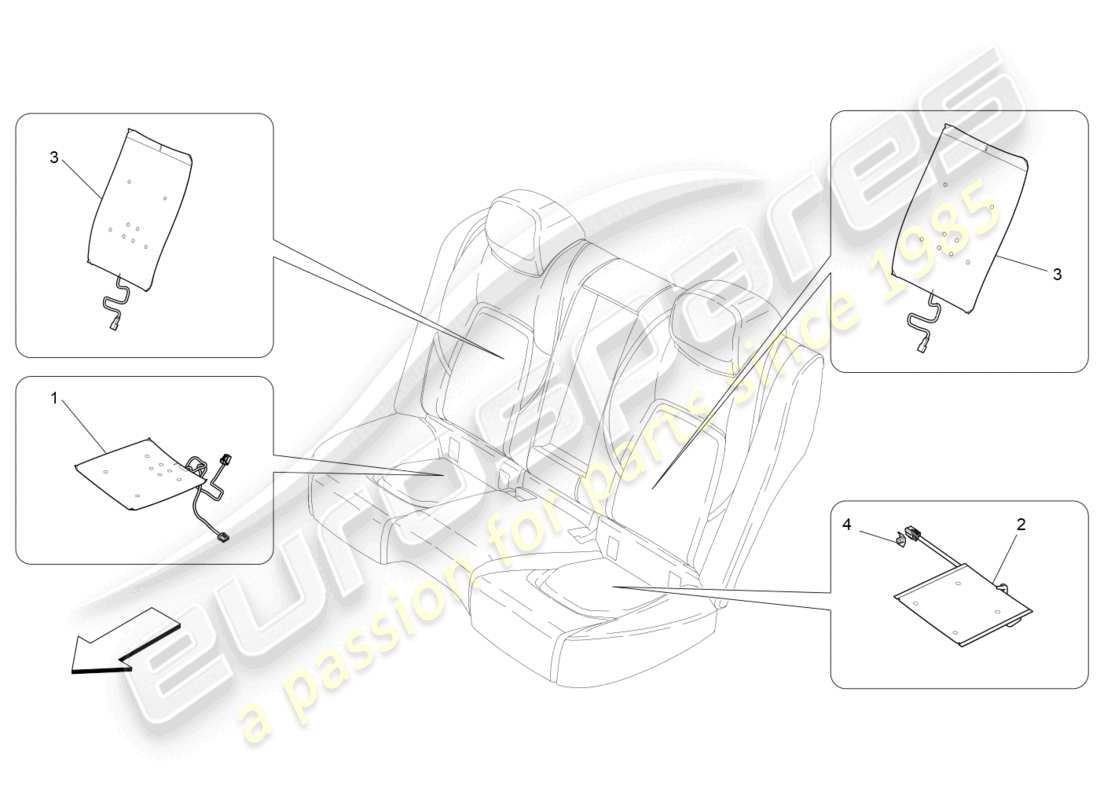 maserati ghibli (2014) asientos traseros: mecánica y electrónica diagrama de piezas