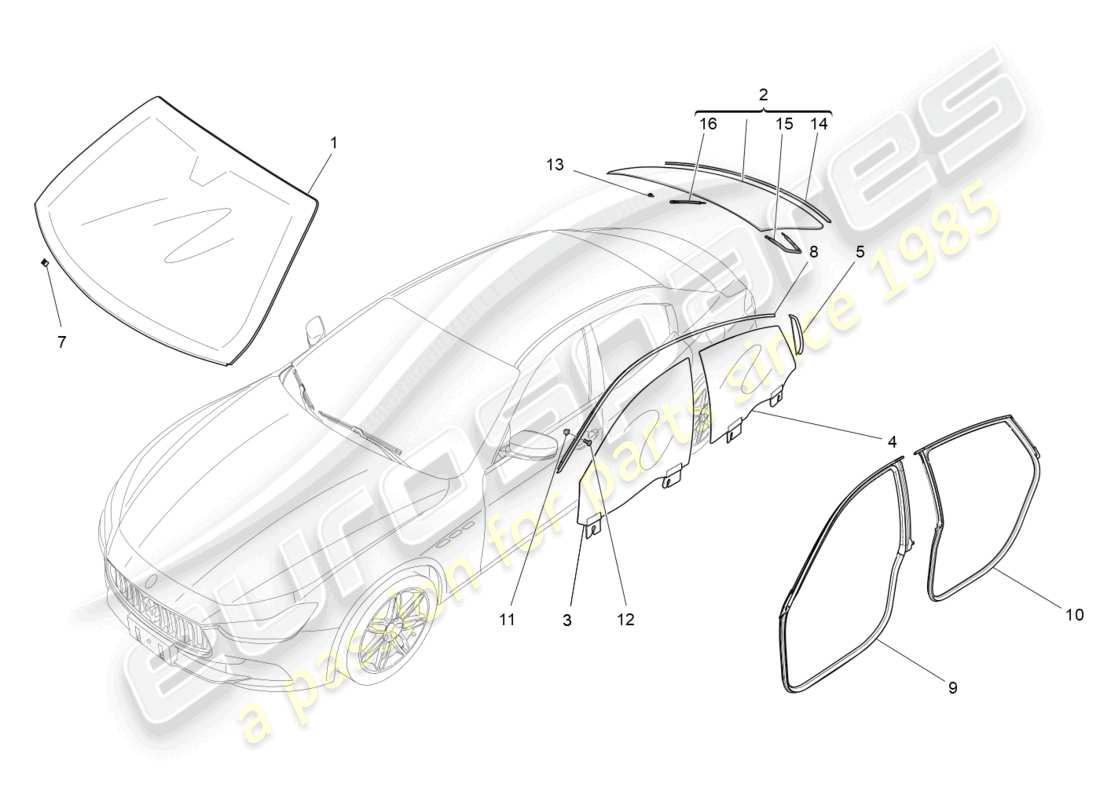 maserati ghibli (2014) diagrama de piezas de ventanas y listones de ventanas