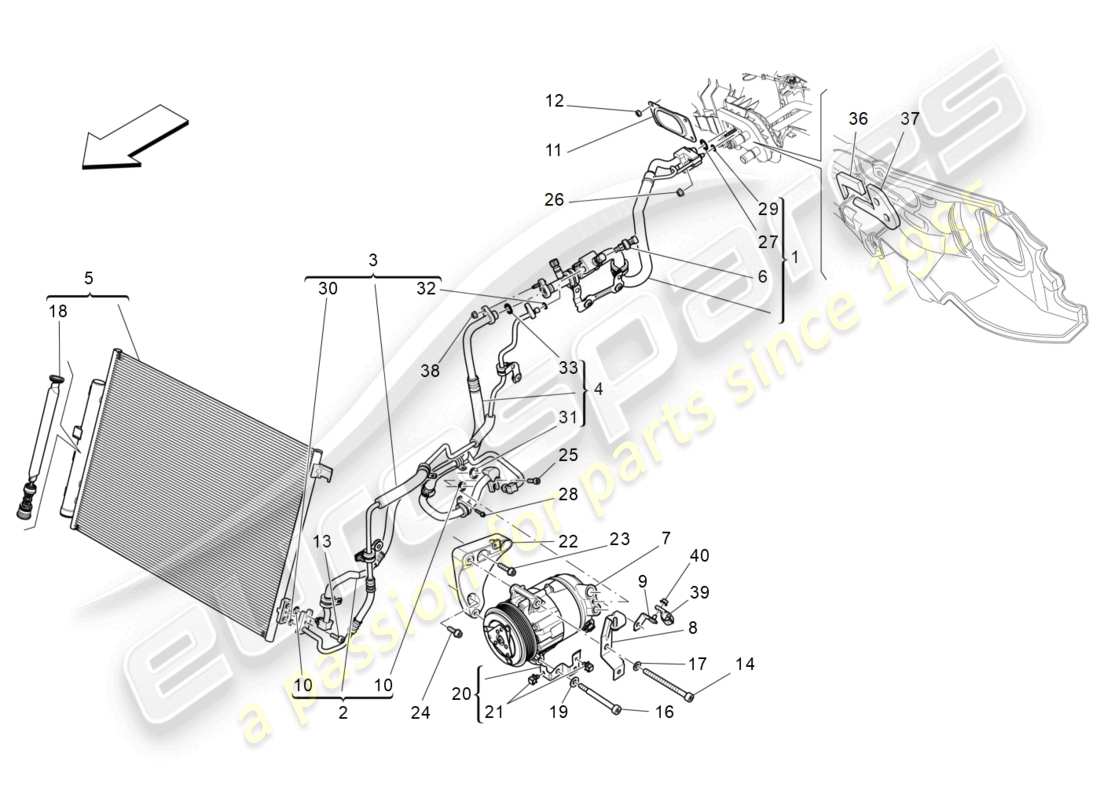 maserati levante modena (2022) unidad de a/c: dispositivos del compartimiento del motor diagrama de piezas