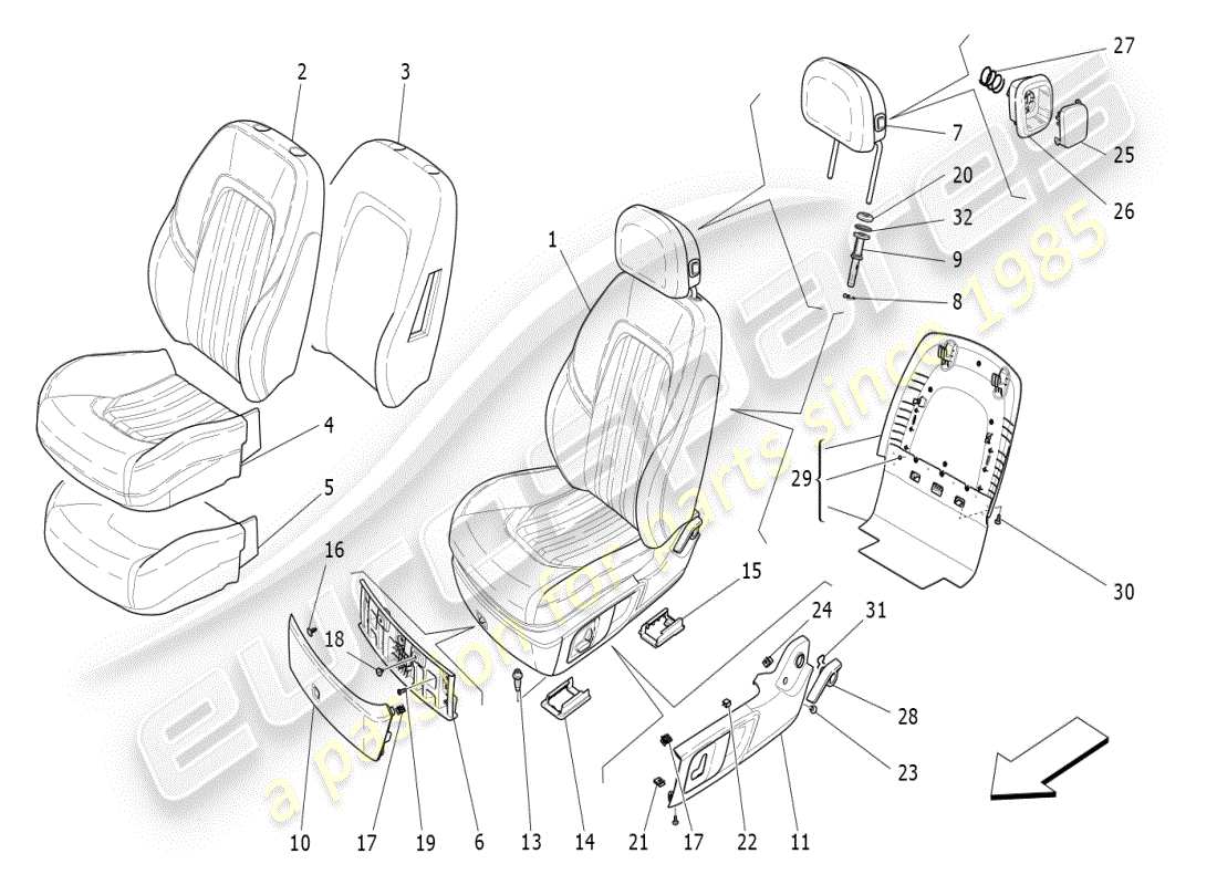 maserati ghibli (2019) front seats: trim panels diagrama de piezas