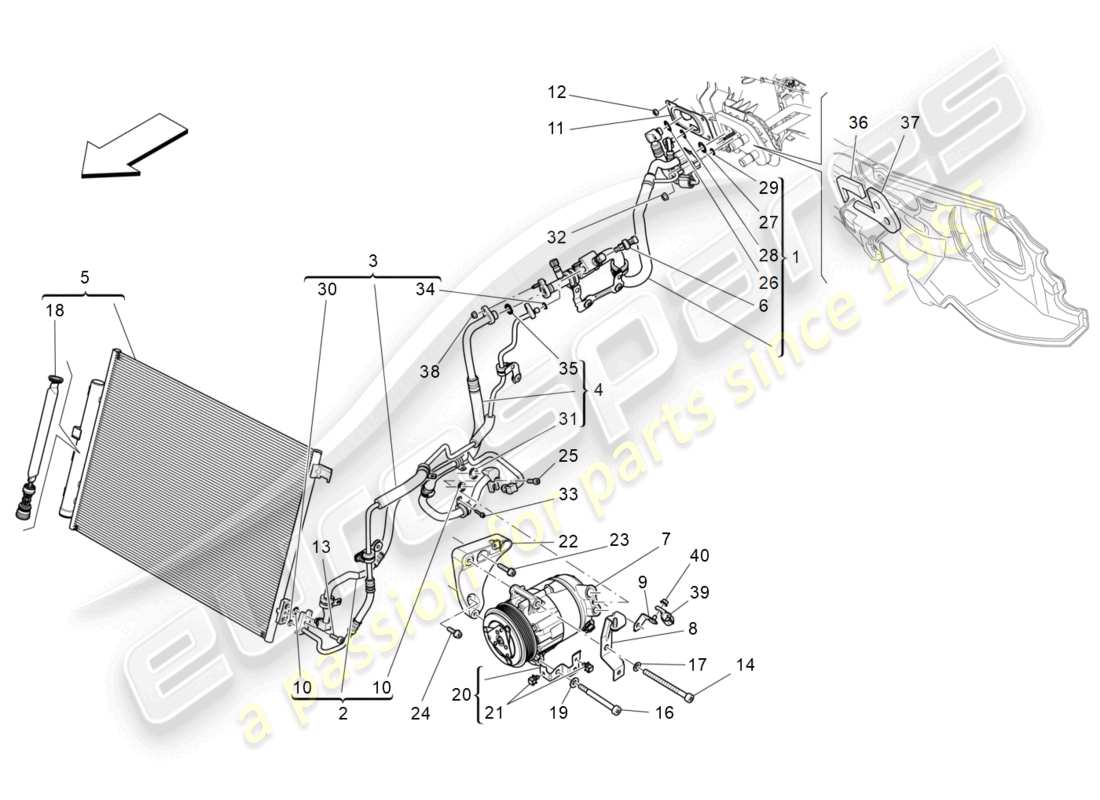 maserati levante modena (2022) unidad de a/c: dispositivos del compartimiento del motor diagrama de piezas
