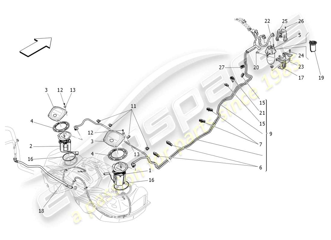 maserati ghibli (2018) diagrama de piezas de bombas de combustible y líneas de conexión