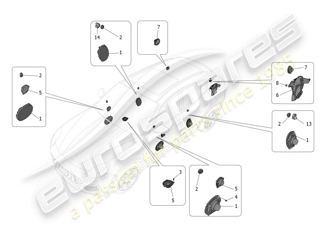 maserati grecale trofeo (2023) diagrama de piezas del sistema de difusión de sonido