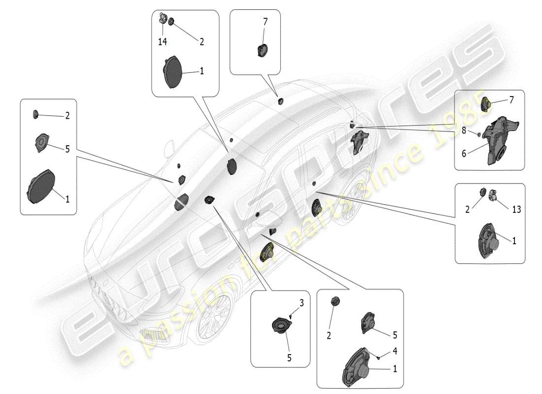 maserati grecale modena (2023) diagrama de piezas del sistema de difusión de sonido