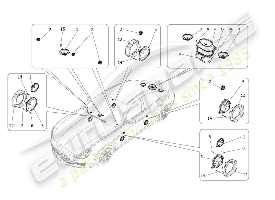 maserati quattroporte (2018) diagrama de piezas del sistema de difusión de sonido