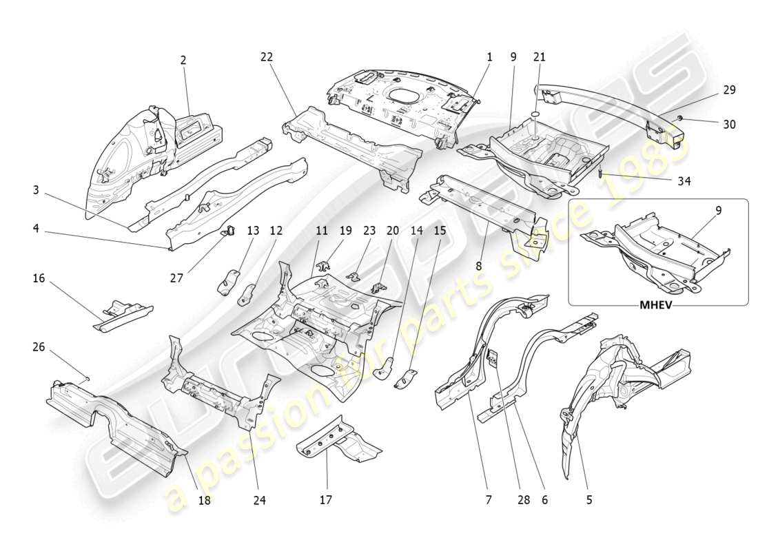 maserati ghibli fragment (2022) diagrama de piezas de marcos estructurales traseros y paneles de chapa