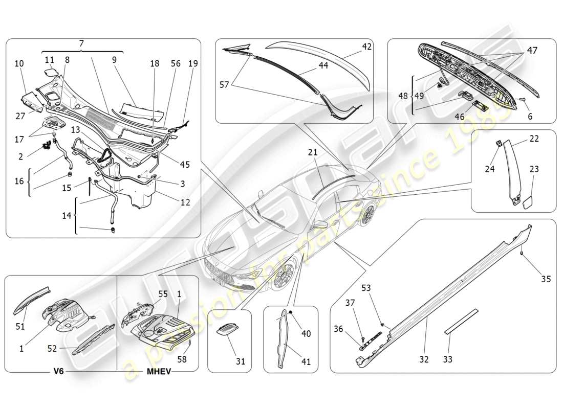 maserati ghibli (2016) protectores, embellecedores y paneles de cobertura diagrama de piezas