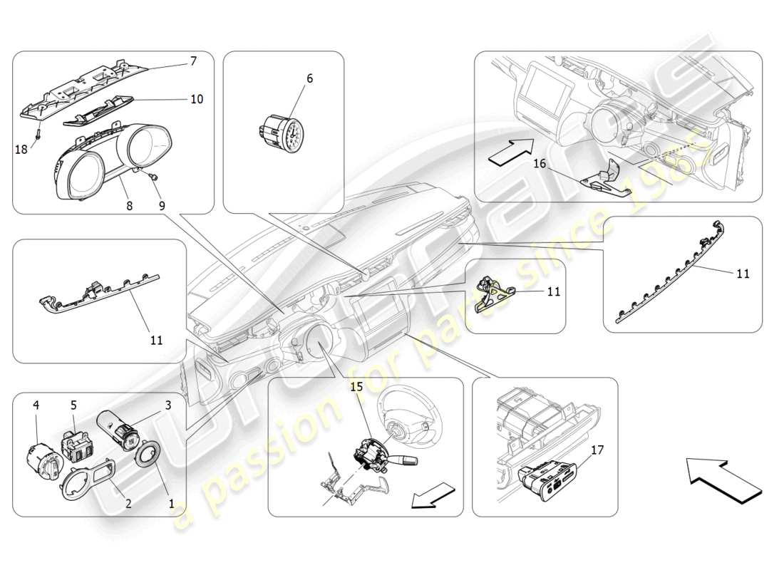 maserati quattroporte (2018) diagrama de piezas de los dispositivos del tablero