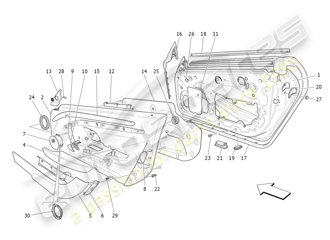 maserati granturismo s (2019) puertas delanteras: diagrama de piezas de los paneles embellecedores