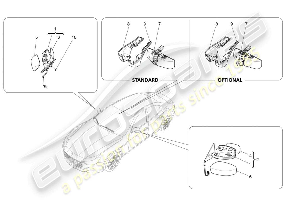 maserati ghibli (2014) diagrama de piezas de los espejos retrovisores internos y externos