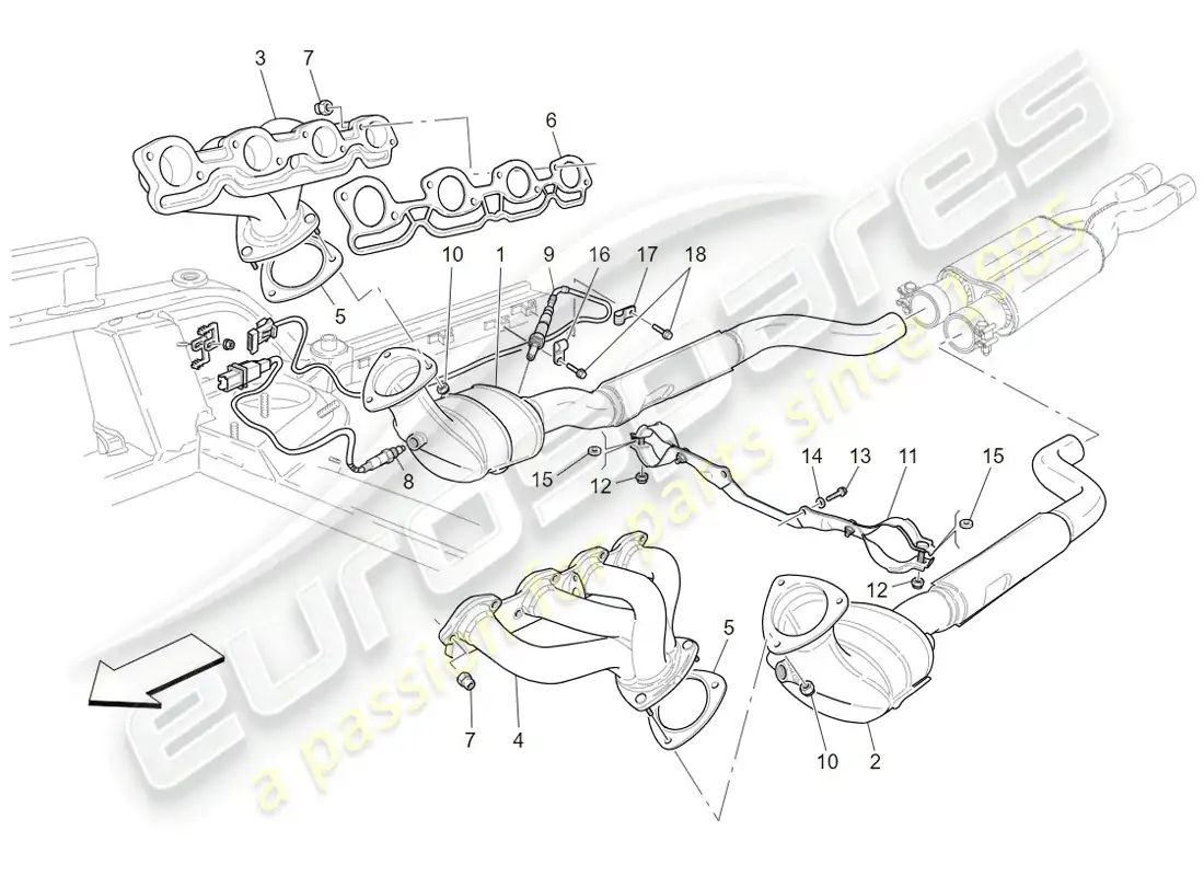 maserati granturismo (2009) convertidores precatalíticos y convertidores catalíticos. diagrama de piezas
