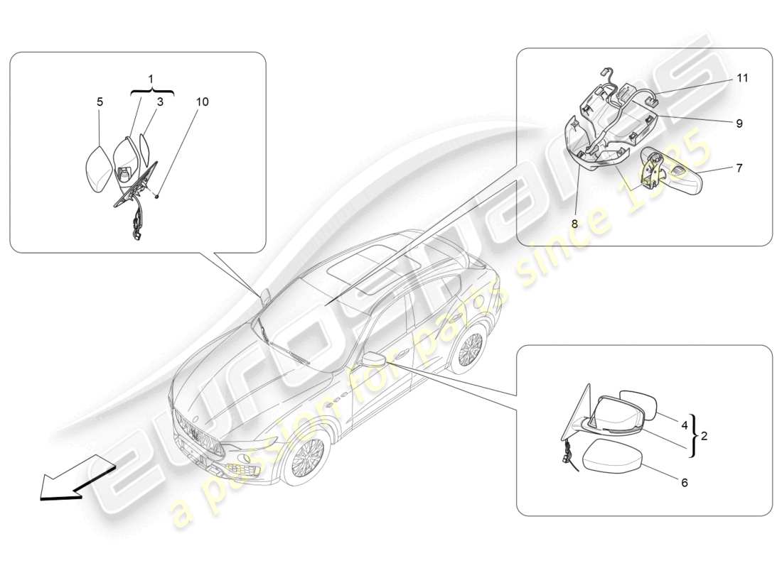 maserati levante gt (2022) diagrama de piezas de los espejos retrovisores internos y externos