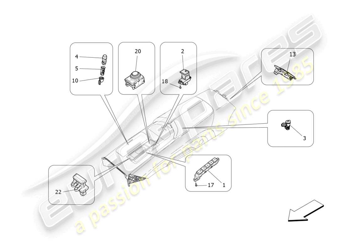 maserati ghibli (2018) diagrama de piezas de los dispositivos de la consola central