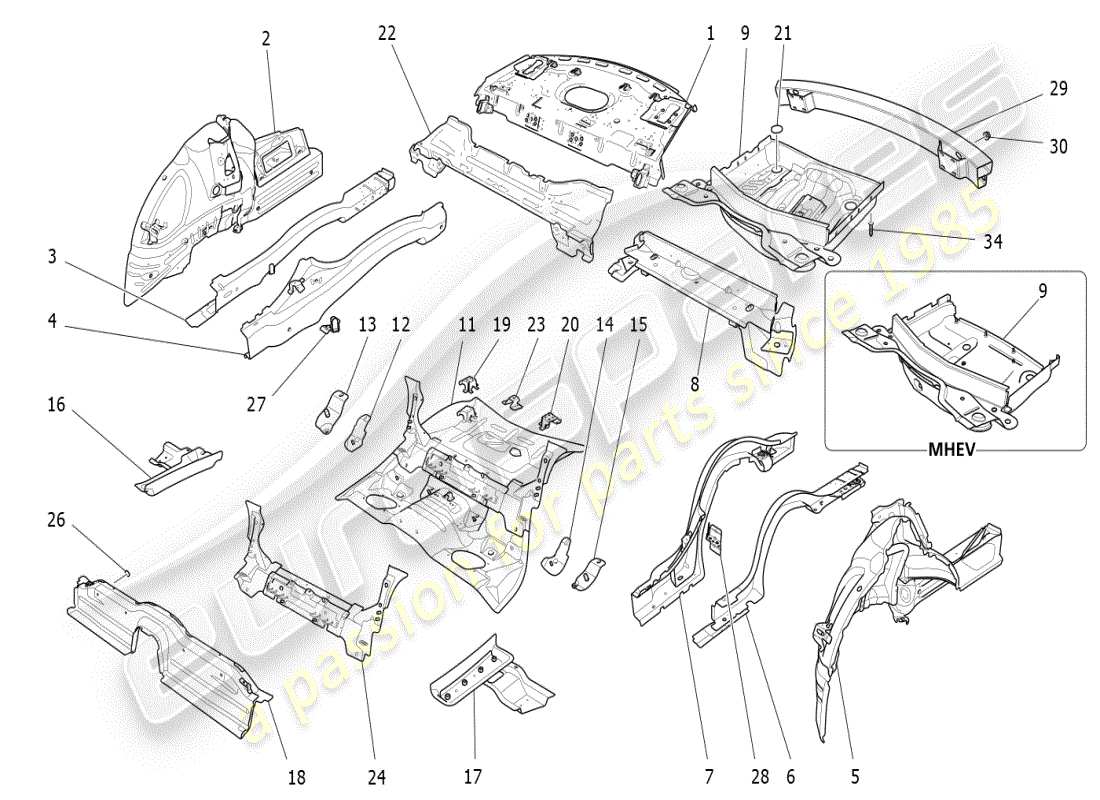 maserati ghibli (2021) diagrama de piezas de marcos estructurales traseros y paneles de chapa