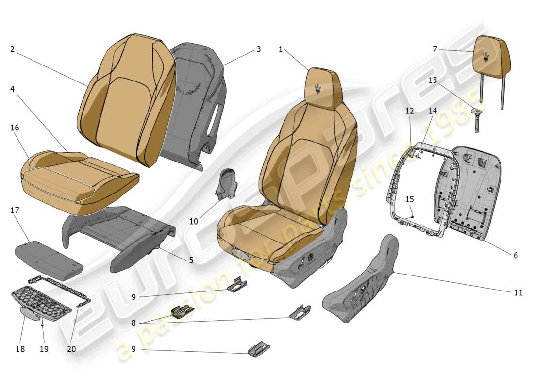 maserati grecale trofeo (2023) front seats: trim panels diagrama de piezas