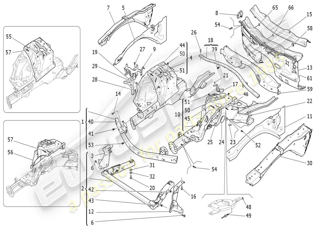 maserati ghibli (2021) diagrama de piezas de marcos estructurales frontales y paneles laminares