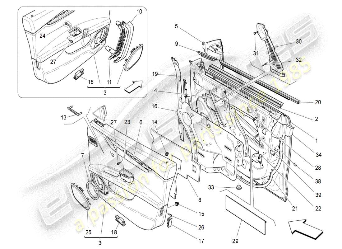 maserati ghibli (2021) puertas delanteras: diagrama de piezas de los paneles embellecedores