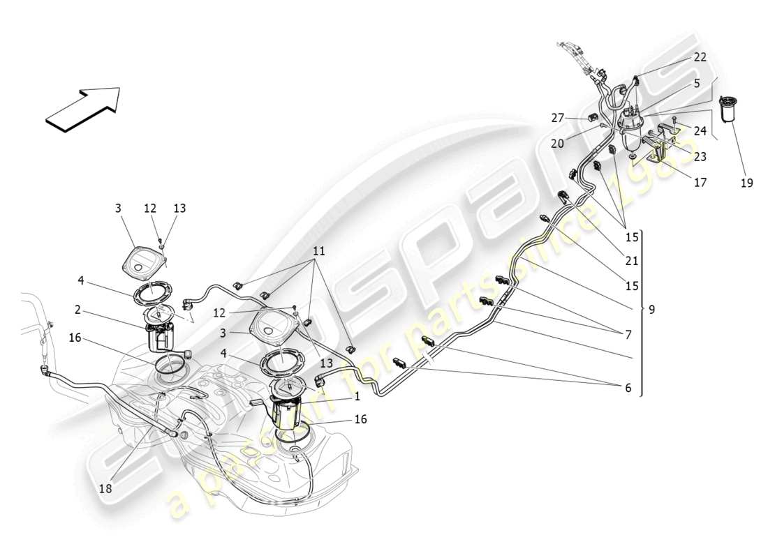 maserati ghibli (2014) diagrama de piezas de bombas de combustible y líneas de conexión